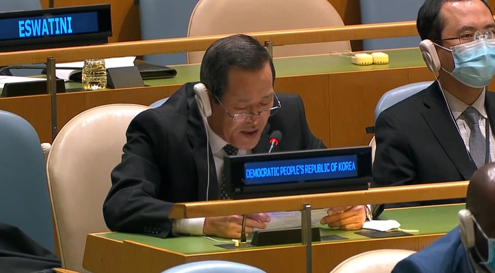 [워싱턴=뉴시스]김성 유엔 주재 북한 대사가 16일(현지시간) 공개 발언을 통해 북한인권결의안을 비난하고 있다. (사진=유엔TV 캡처) 2021.12.16. *재판매 및 DB 금지