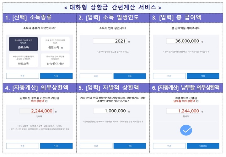 [세종=뉴시스]&nbsp; 개편된 취업 후 학자금 상환 누리집 상환금 간편 계산 서비스.&nbsp; *재판매 및 DB 금지