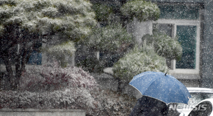 [광주=뉴시스] 류형근 기자 = 광주와 전남 일부지역에 대설특보가 내려진 17일 오후 광주 남구 봉선동 모 관공서 건물에서 한 시민이 우산을 쓴채 걸어가고 있다. 2021.12.17. hgryu77@newsis.com