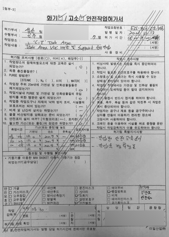 [광주=뉴시스] 김혜인 기자 = 일용직 노동자 3명 숨진 전남 여수산단 화학제조물 업체 안전작업허가서. (사진=정의당 강은미 국회의원실 제공) 2021.12.17.photo@newsis.com *재판매 및 DB 금지