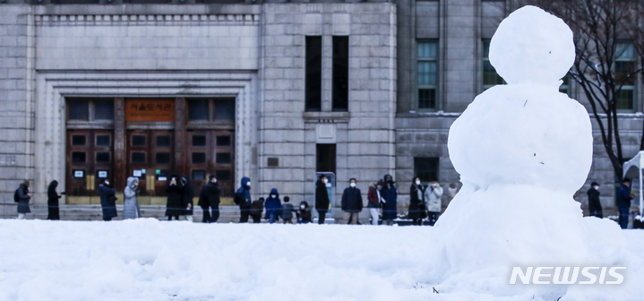 [서울=뉴시스] 정병혁 기자 = 0시 기준 국내 코로나19 신규 확진자가 6236명으로 집계된 19일 오전 서울 중구 서울광장에 설치된 코로나19 임시선별검사소를 찾은 시민들이 검사를 받기 위해 줄 서 있다. 2021.12.19. jhope@newsis.com