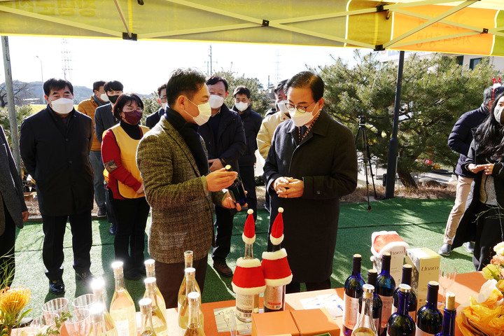 한정우 군수가 단감와인 특판 행사를 둘러보고 있다 *재판매 및 DB 금지