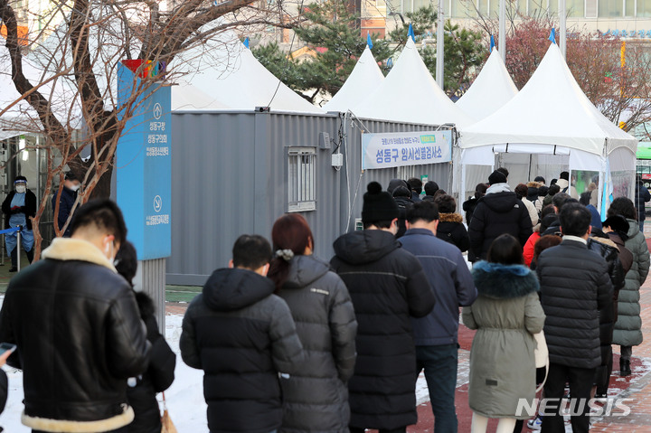 [서울=뉴시스] 백동현 기자 = 코로나19 신규 확진자가 5,318명으로 집계된 20일 오전 서울 성동구청 앞에 마련된 임시선별검사소에서 시민들이 검사를 받기 위해 대기하고 있다. 2021.12.20. livertrent@newsis.com