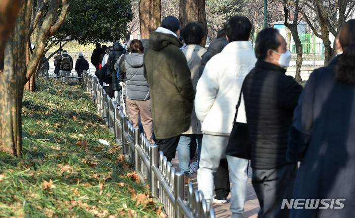 [대구=뉴시스] 이무열 기자 = 20일 오전 대구 달서구 두류공원에 마련된 임시선별검사소에서 시민들이 코로나19 진단검사를 받기 위해 서를 기다리고 있다. 2021.12.20. lmy@newsis.com