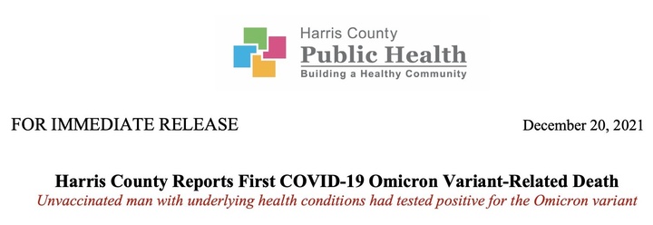 [워싱턴=뉴시스]미국에서 코로나19 신종 변이 오미크론으로 인한 첫 사망자가 나왔다. 사진은 사망 사례를 보고한 텍사스 해리스카운티 공중보건국(HCPH) 보도자료. (출처=HCPH 트위터) 2021.12.21. *재판매 및 DB 금지