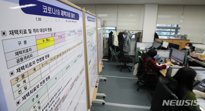 [서울=뉴시스] 조수정 기자 = 지난해 12월 27일 서울 서대문구청 코로나19 재택치료 전담 TF 사무실에서 직원들이 근무하고 있다. 2022.01.01. chocrystal@newsis.com