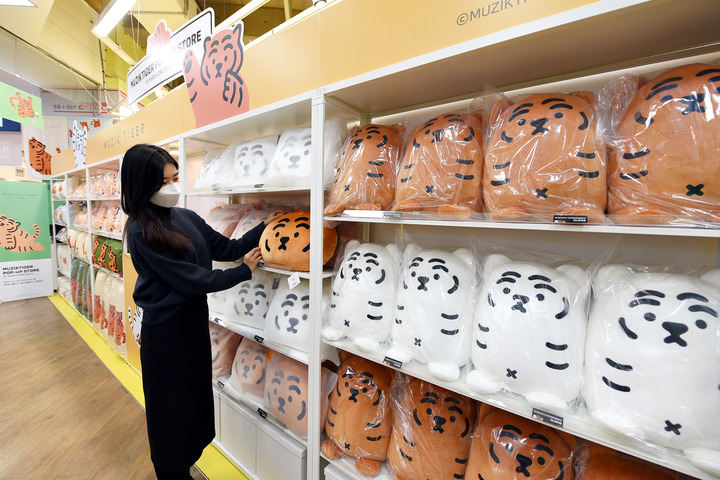 박지연 홈플러스 홈인테리어팀 바이어가 31일 서울 서교동 홈플러스 합정점에 조성된 ‘무직타이거 팝업스토어’에 진열된 상품들을 살펴보고 있다. (사진/홈플러스 제공) photo@newsis.com *재판매 및 DB 금지