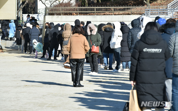 [대구=뉴시스] 이무열 기자 = 31일 오전 대구 달서구 두류공원에 마련된 임시선별검사소에서 시민들이 코로나19 진단검사를 받기 위해 순서를 기다리고 있다. 2021.12.31. lmy@newsis.com