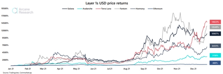 레이어1 코인들의 지난해 가격 수익률(사진=아케인리서치 보고서 갈무리) *재판매 및 DB 금지