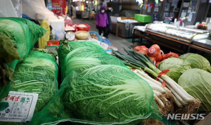 [서울=뉴시스] 추상철 기자 = 설 명절을 앞두고 농축산물 등에 대한 성수품 공급이 시작된 10일 오후 서울 종로구 통인시장에서 각종 채소가 진열돼 있다. 2022.01.10. scchoo@newsis.com