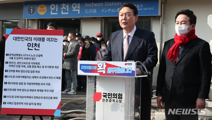 [인천=뉴시스] 국회사진기자단 = 윤석열 국민의힘 대선 후보가 10일 오전 인천역 앞 광장에서 산업화·교역일번지 인천지역 공약을 발표하고 있다 2022.01.10. photo@newsis.com