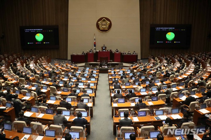 [서울=뉴시스] 김선웅 기자 = '공공기관 노동이사제' 도입을 골자로하는 공공기관의 운영에 관한 법률 일부개정법률안(대안)이 11일 오후 서울 여의도 국회에서 열린 본회의에서 가결되고 있다. 2022.01.11. mangusta@newsis.com