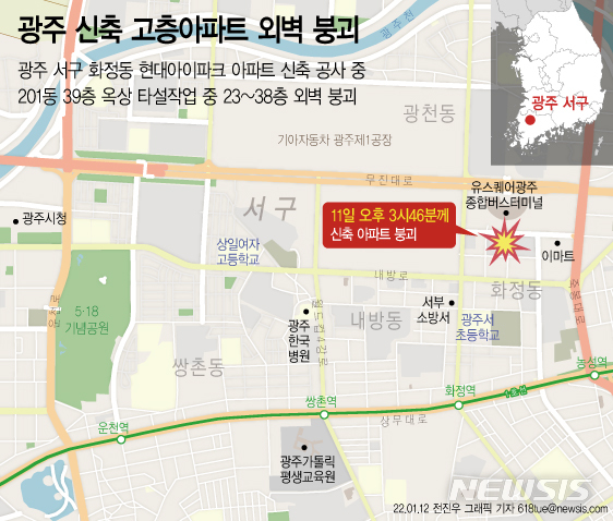 [서울=뉴시스] 지난 11일 오후 3시 46분께 광주 서구 화정동 현대아이파크 아파트 신축 현장에서 201동(완공 시 39층 규모) 23~34층 외벽이 무너져 내렸다. 이 사고로 대피·구조자를 제외한 공정 작업자 6명의 소재가 파악되지 않고 있다. (그래픽=전진우 기자) 618tue@newsis.com