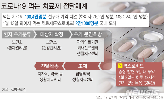 [서울=뉴시스]먹는 코로나19 치료제 초도물량이 오는 13일 국내에 도입된다. 이번에 도입되는 먹는 치료제는 오는 14일부터 만 65세 이상 고령층 또는 면역저하자 중 재택치료자 및 생활치료센터 입소자에게 우선 투약한다. (그래픽=안지혜 기자) hokma@newsis.com