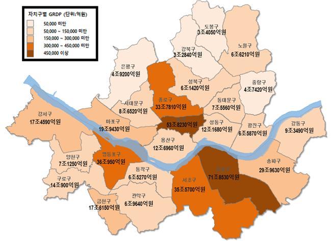 [서울=뉴시스] 서울시는 2019년 1인당 지역내총생산(GRDP)은 4512만원으로 집계됐다고 13일 밝혔다. 자치구별로는 강남구가 71조원 규모로 가장 컸지만, 1인당 지역내총생산은 중구가 4억1748만원으로 가장 많았다. (사진=서울시 제공) 2021.01..13. photo@newsis.com *재판매 및 DB 금지