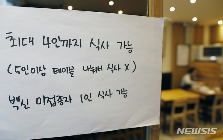 [서울=뉴시스] 코로나19 오미크론 변이 바이러스 확산 등에 따라 사회적 거리두기 강화조치가 다음달 6일까지 3주 연장된다. 사진은 서울의 한 식당에 부착된 안내문 모습. 다중이용시설 영업시간은 현행 오후 9시까지로 유지되나, 사적모임 인원은 접종 여부와 관계없이 전국 4인에서 6인으로 소폭 완화된다. photo@newsis.com