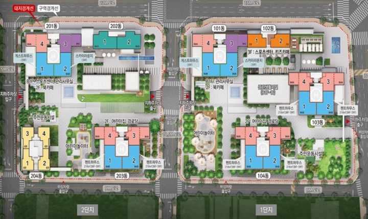 [광주=뉴시스] 송창헌 기자 = 광주 서구 화정동 현대산업개발 아이파크 신축 현장 붕괴 사고 엿새 째인 16일 현장에서는 실종자 5명을 찾기 위한 수색·구조 작업이 한창 진행중이다. 사진은 붕괴된 아파트 1, 2단지 배치도. (사진=현대산업개발 제공) 2022.01.16 photo@newsis.com *재판매 및 DB 금지