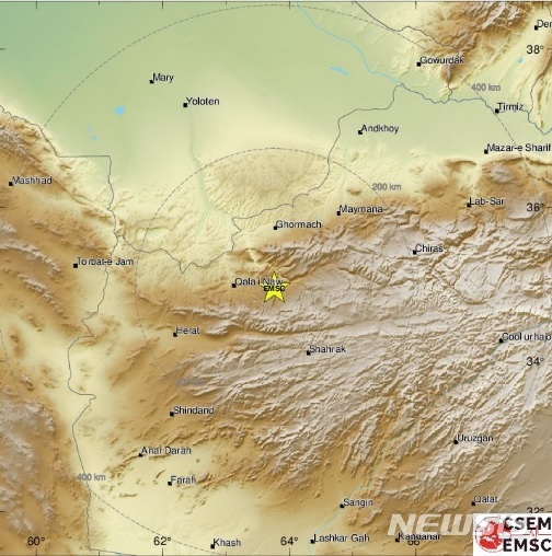 [서울=뉴시스] 17일(현지시간) 아프가니스탄 서부 지역에서 규모 5.6의 강진이 발생했다. (사진=유럽지중해지진센터 홈페이지 캡처) 2022.01.18