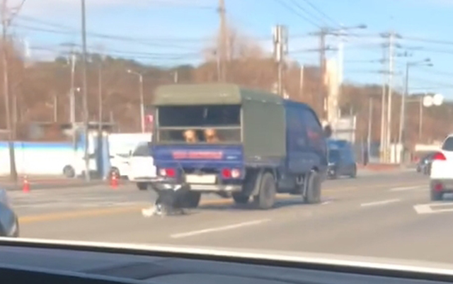 지난 15일 오후 광주광역시 북구 문흥동 인근 도로에서 강아지 2마리가 트럭에 매달려 끌려가는 모습. 출처: 네이버 카페 'BMW MANIA' 영상 캡쳐 *재판매 및 DB 금지