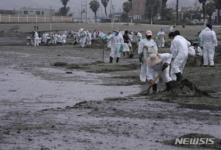 [앙콘=AP/뉴시스] 20일(현지시간) 페루 앙콘에서 방호복을 입은 작업자들이 기름 유출로 오염된 콘치타스 해변을 청소하고 있다. 통가 해저 화산 폭발 여파로 페루 해안에 유출된 기름 오염이 해안선을 따라 확대돼 어항과 관광지인 앙콘까지 도달했다. 2022.01.21.