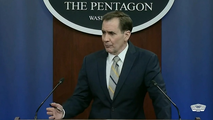 [워싱턴=뉴시스]존 커비 미국 국방부 대변인이 21일(현지시간) 정례 브리핑을 하고 있다. (사진=미국 국방부 트위터 영상 캡처) 2022.01.21. *재판매 및 DB 금지