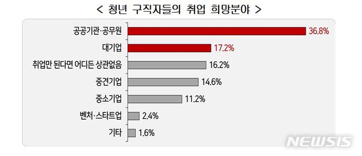 "청년구직자 취업 희망분야는 공사·공무원 37%, 대기업 17%"