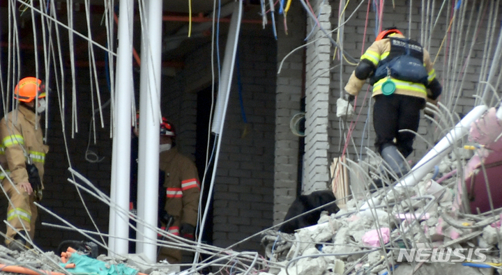 [광주=뉴시스] 류형근 기자 = 광주 서구 화정동 현대산업개발 신축 아파트 붕괴 사고 15일째인 25일 오후 구조당국 등이 탐색견을 이용해 30층 이상 붕괴지점에서 실종자 수색을 하고 있다. 2022.01.25. hgryu77@newsis.com