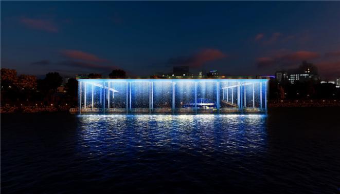 [서울=뉴시스] 서울시는 선유도와 한강을 연결하는 'ㄷ자' 형태의 순환형 보행데크를 제작한다고 26일 밝혔다. 보행데크는 선유도와 연결되도록 ㄷ자 구조의 순환형으로 설계해 시민들이 선유도공원과 한강 조망을 함께 즐길 수 있도록 한다. 사진은 유람선에서 바라본 워터스크린 조감도. (사진=서울시 제공) 2022.01.26. photo@newsis.com *재판매 및 DB 금지