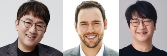 [서울=뉴시스] 방시혁 의장, 스쿠터 브라운 CEO, 윤석준 CEO. 2022.01.27. (사진= 하이브 제공) photo@newsis.com*재판매 및 DB 금지 *재판매 및 DB 금지