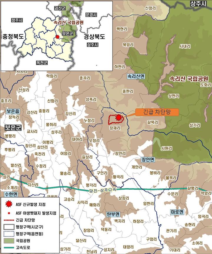 [서울=뉴시스] 충북 보은군 야생멧돼지 아프리카돼지열병(ASF) 발생 현황. (자료=환경부 제공). 2022.01.28. photo@newsis.com *재판매 및 DB 금지