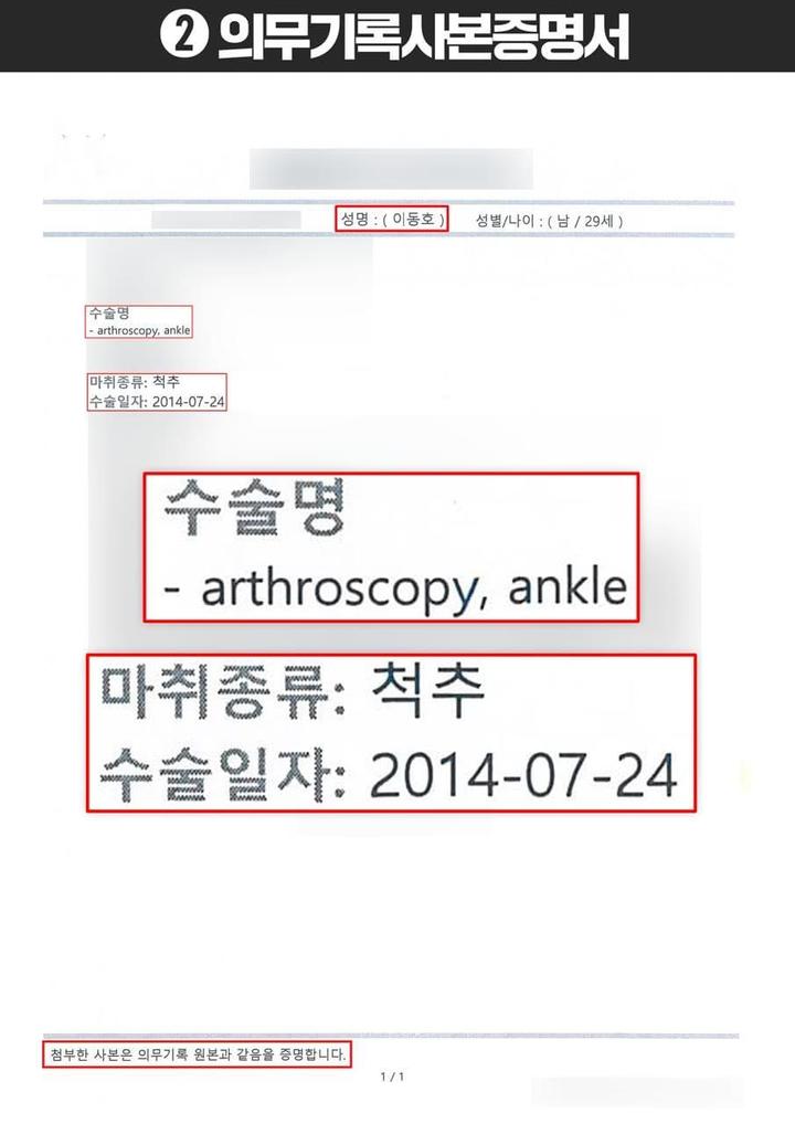 이재명 더불어민주당 대선후보 아들 동호씨의 의무기록사본증명서. (사진=민주당 선대위 현안대응TF 제공) 2022.1.28 *재판매 및 DB 금지