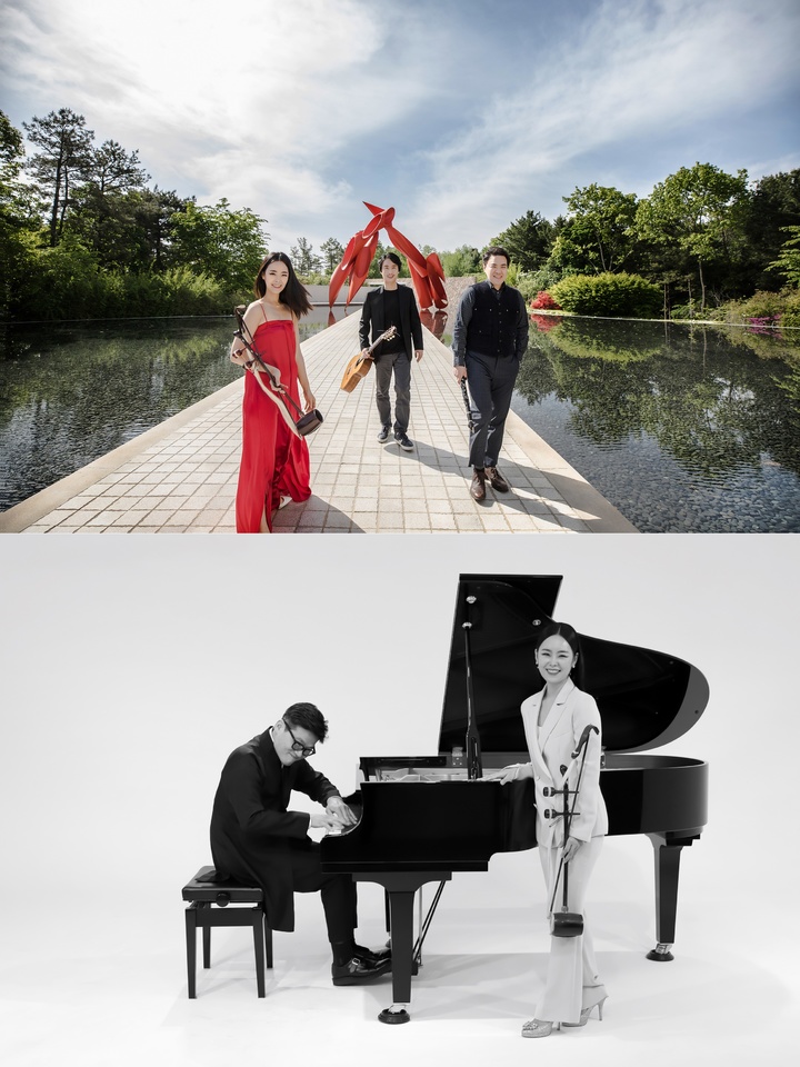 [서울=뉴시스](위)해금 연주자 천지윤, 기타리스트 박윤우, 클라리네티스트 여현우. (아래)천지윤, 피아니스트 조윤성. (사진=크레디아뮤직앤아티스트 제공) 2022.01.30. photo@newsis.com *재판매 및 DB 금지