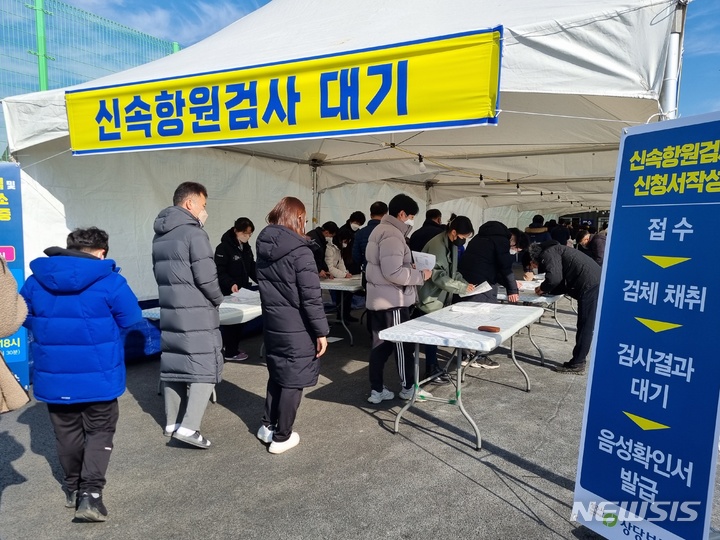 [청주=뉴시스] 안성수 기자 = 설을 목전에 앞둔 31일 오후 2시30분 충북 청주 상당보건소에 마련된 코로나19 선별진료소를 찾은 시민들이 신속항원검사를 받기 위해 줄을 서고 있다. 2022.01.31. hugahn@newsis.com