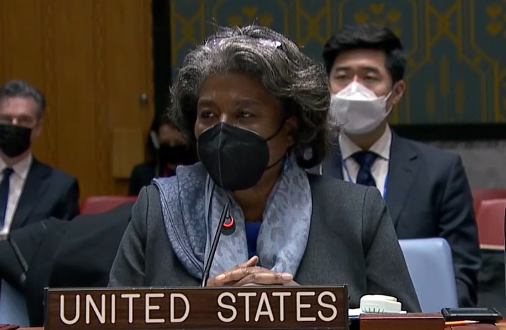 [워싱턴=뉴시스]린다 토머스-그린필드 유엔 주재 미국 대사가 31일(현지시간) 안전보장이사회 우크라이나 관련 회의에서 발언하고 있다. (사진=유엔TV 캡처) 2022.01.31. *재판매 및 DB 금지