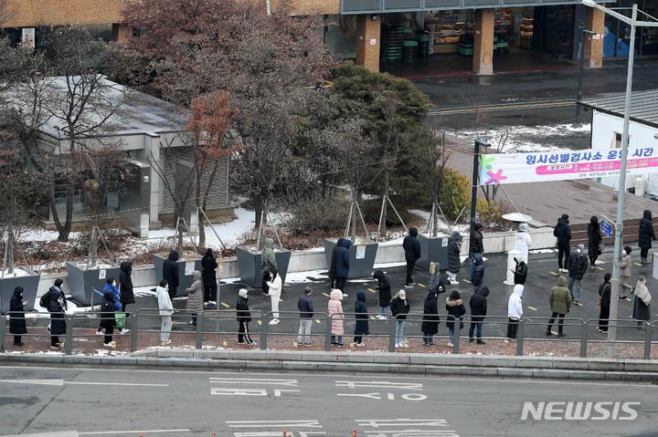 [서울=뉴시스] 백동현 기자 = 코로나19 신규 확진자가 1만8343명으로 집계된 1일 오후 서울 서초구 고속터미널역 임시선별검사소에서 시민들이 검사를 받기 위해 대기하고 있다. 2022.02.01. livertrent@newsis.com