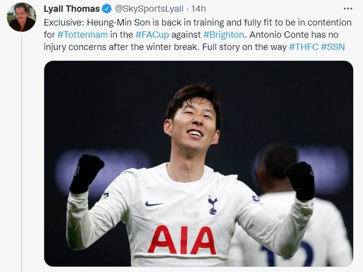 손흥민 훈련 합류 소식 알린 스카이스포츠의 라이얼 토머스 기자. (사진 = 라이얼 토머스 트위터 캡처) *재판매 및 DB 금지