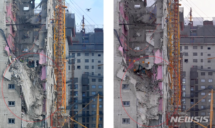 [광주=뉴시스] 변재훈 기자 = 2일 오전 광주 서구 HDC현대산업개발 신축 아파트 붕괴 현장에서 콘크리트 잔해 제거 작업 중 무너진 201동 남서쪽 29층 인근 잔해물 더미가 지상으로 무너져 내렸다. (사진 왼쪽부터) 전날 붕괴 구간 내 수색 작업 모습, 이날 무너져 내린 직후 모습. 빨간 원안을 보면 콘크리트 상판 위 콘크리트 잔재물이 바깥쪽으로 쏟아져 내린 모습이 보인다. 2022.02.02. wisdom21@newsis.com