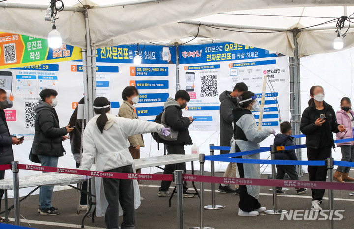 [제주=뉴시스] 우장호 기자 = 설 연휴 마지막 날인 2일 오후 제주국제공항 주차장에 설치된 워크스루 선별진료소에 명절 기간 동안 타 시도를 방문한 후 돌아온 도민들이 PCR(유전자 증폭) 검사를 받기 위해 줄지어 서 있다. 중앙방역본부에 따르면 전날 제주 도내 일일 코로나19 확진자 수는 122명으로 역대 최다를 기록했다. 2022.02.02. woo1223@newsis.com