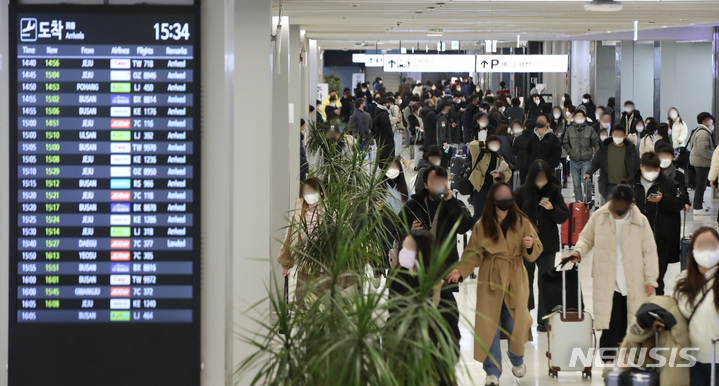 [서울=뉴시스] 조수정 기자 = 설 연휴 마지막 날인 2일 오후 김포국제공항 국내선 도착층에서 귀경 인파가 인산인해를 이루고 있다. 2022.02.02. chocrystal@newsis.com