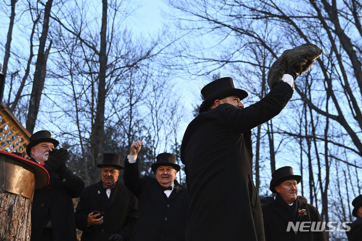 [AP/뉴시스] 미 펜실베이니아주 펜슈타니시에서 2일 새벽 제136년 차 '점쟁이 다람쥐 데이'가 열려 장로가 마못을 손 위에 번쩍 들어보이고 있다