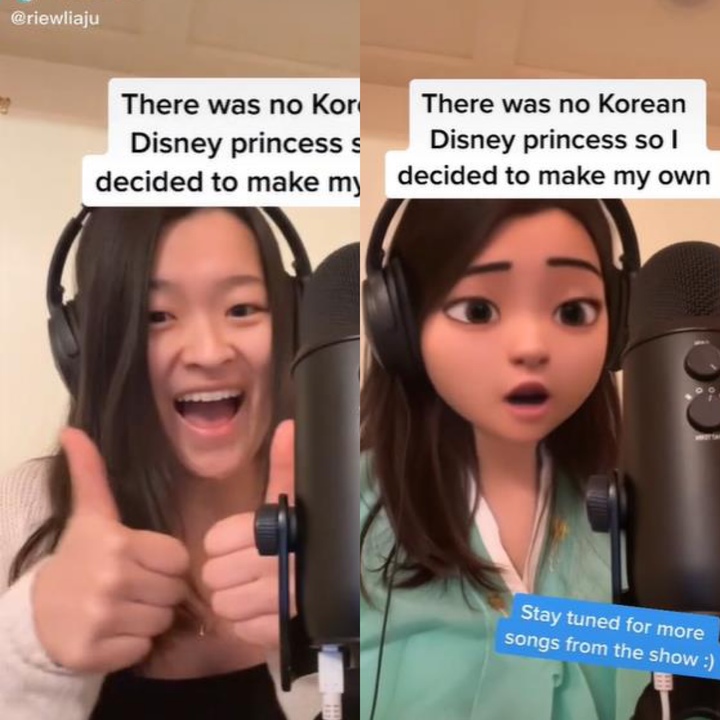 [서울=뉴시스] 최근 미국에서 한국 전래동화 심청전을 소재로 1시간 분량 뮤지컬을 창작한 한국계 하버드생 줄리아 류가 공유한 41초 분량 영상이 화제다. 해당 영상에서 류는 한복을 입고 디즈니풍 얼굴 필터를 사용한 채 노래를 부르고 있다. (출처 : Tiktok 갈무리) 2022.02.03. *재판매 및 DB 금지