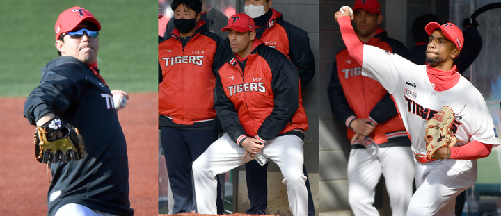 [함평=뉴시스] 류형근 기자 = 프로야구 KIA 타이거즈 양현종, 션 놀린, 로니 윌리엄스가 3일 오전 전남 함평군 KIA챌린저스필드에서 2022시즌 대비 동계훈련을 하고 있다. 2022.02.03. hgryu77@newsis.com