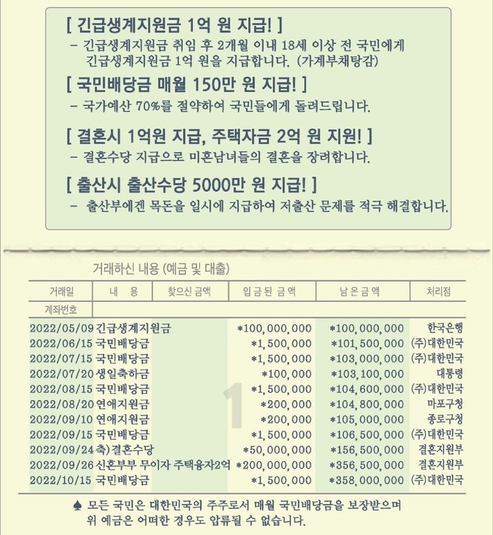 허경영 국가혁명당 대선 후보의 국민배당금 통장 홍보물 *재판매 및 DB 금지
