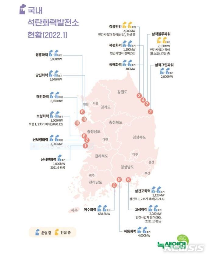 [세종=뉴시스] 국내 석탄화력발전소 현황. (자료= 녹색연합 제공) 2022.02.07. 