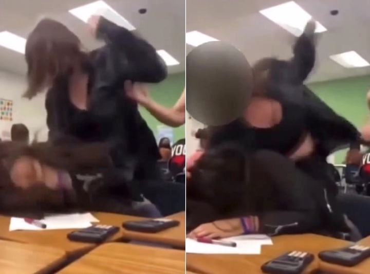 [서울=뉴시스] 미국 라스베이거스의 고등학교에서 한 여학생이 다른 여학생의 머리를 잔인하게 때리고 있다. <출처 : 페이스북> 2022.02.08. *재판매 및 DB 금지