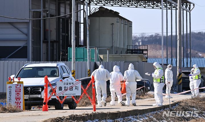 [평택=뉴시스] 김종택기자 = 경기도 평택시의 한 산란계 농장에서 방역관계자들이 분주하게 움직이고 있다. 2022.02.08. jtk@newsis.com
