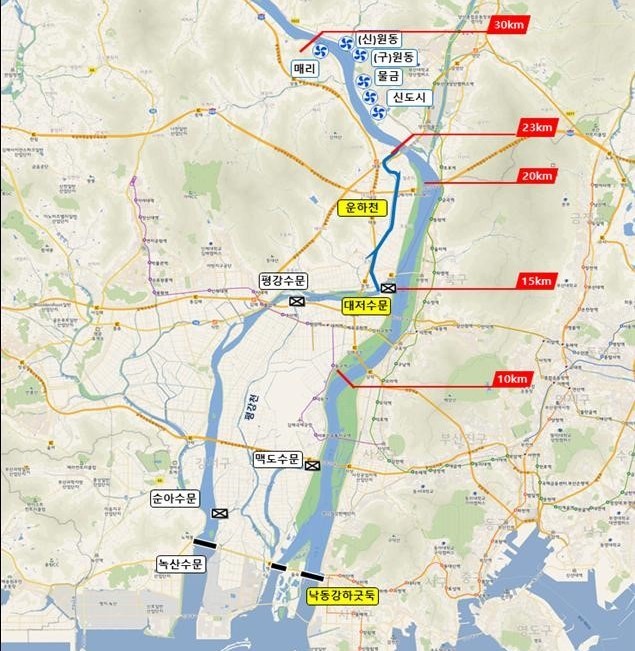 [서울=뉴시스] 낙동강 하구 지형과 수리시설 현황. (지도=환경부 제공). 2022.02.10. photo@newsis.com *재판매 및 DB 금지