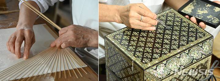 방화선 장인의 선자장(왼쪽)과 최대규 장인의 나전장 