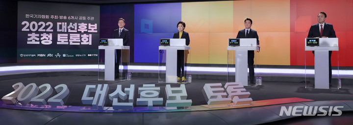 [서울=뉴시스] 국회사진기자단 = 이재명 더불어민주당 대선후보, 심상정 정의당 대선후보, 안철수 국민의당 대선후보, 윤석열 국민의힘 대선후보가 11일 오후 서울 중구 매경미디어센터에서 열린 한국기자협회 주최방송 6개사 공동 주관 2022 대선후보 초청 토론회 시작에 앞서 리허설을 하고 있다. 2022.02.11. photo@newsis.com