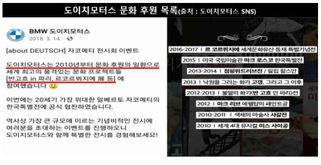 [서울=뉴시스] 13일 더불어민주당 선대위 현안대응TF가 공개한 2018년 3월14일 도이치모터스 공식 SNS 게재 문화 후원 목록. 2022.02.13. (사진=현안대응TF 제공) photo@newsis.com *재판매 및 DB 금지